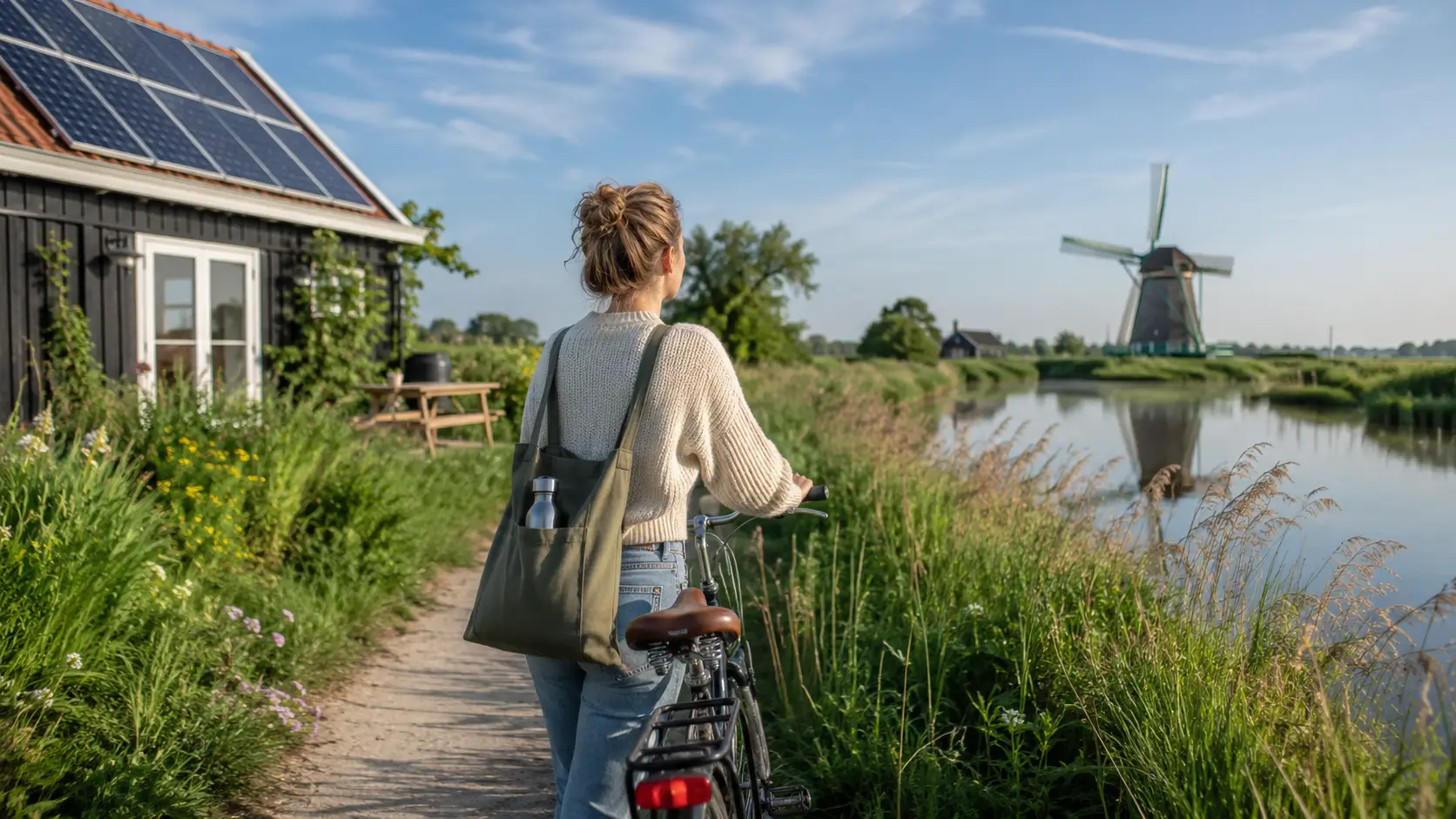 Reiziger met fiets op een groen pad langs water, met windmolen en zonnepanelen als symbool voor duurzaam reizen in Nederland.