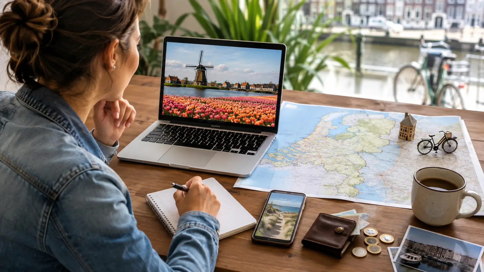Reiziger plant een betaalbare vakantie in Nederland met laptop, kaart, notitieblok en reiskosten op tafel.