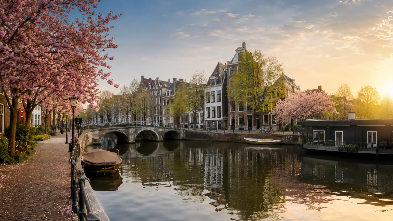 Rustig Amsterdams kanaal in het voorjaar met bloesembomen en zacht avondlicht als beeld van een aangenaam reisseizoen in Nederland.