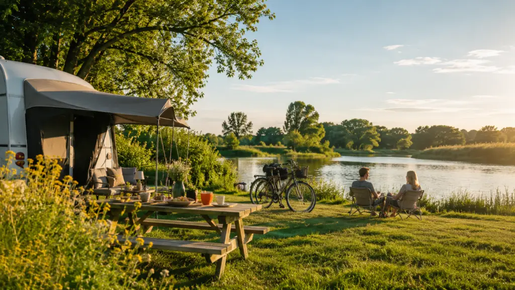 Rustige camping aan het water in Nederland met caravan, fietsen en reizigers die ontspannen in de natuur.