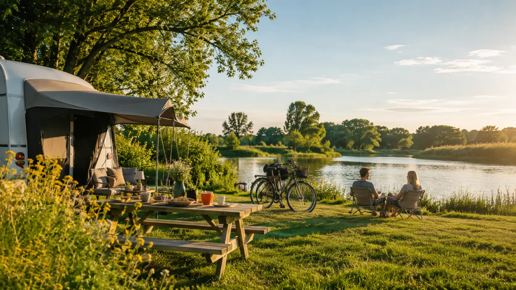 Rustige camping aan het water in Nederland met caravan, fietsen en reizigers die ontspannen in de natuur.
