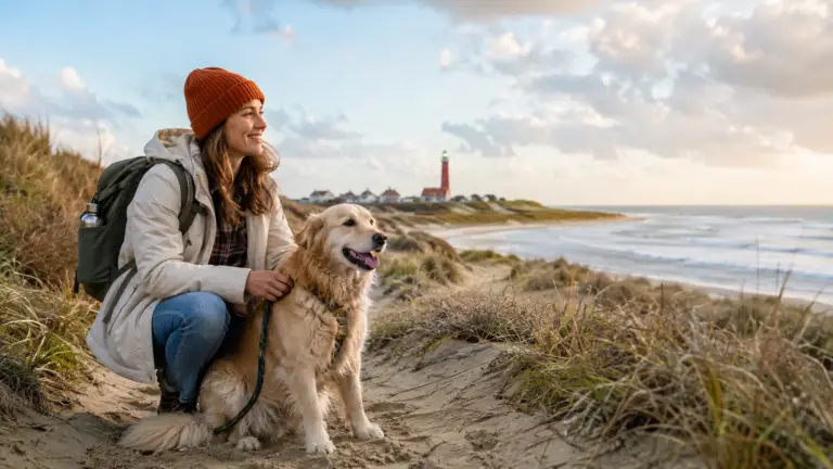 Reiziger met hond op een duinpad aan de Nederlandse kust, met strand en vuurtoren op de achtergrond.