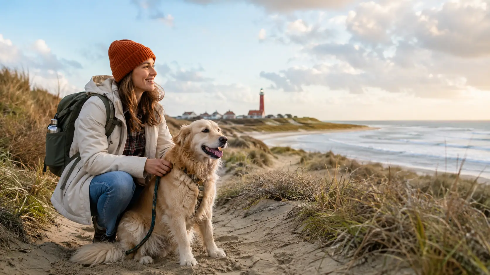 Reiziger met hond op een duinpad aan de Nederlandse kust, met strand en vuurtoren op de achtergrond.