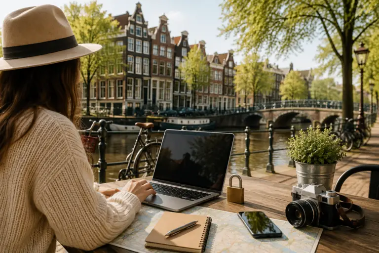 Reiziger gebruikt een laptop aan een Amsterdams kanaal met kaart, camera en slot als symbool voor gegevensbescherming.