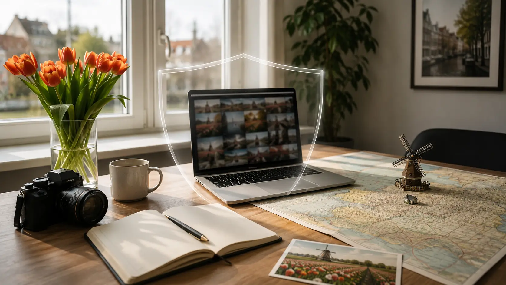 Laptop met beschermend schild, tulpen, camera en kaart als symbool voor privacy tijdens het plannen van een vakantie in Nederland.