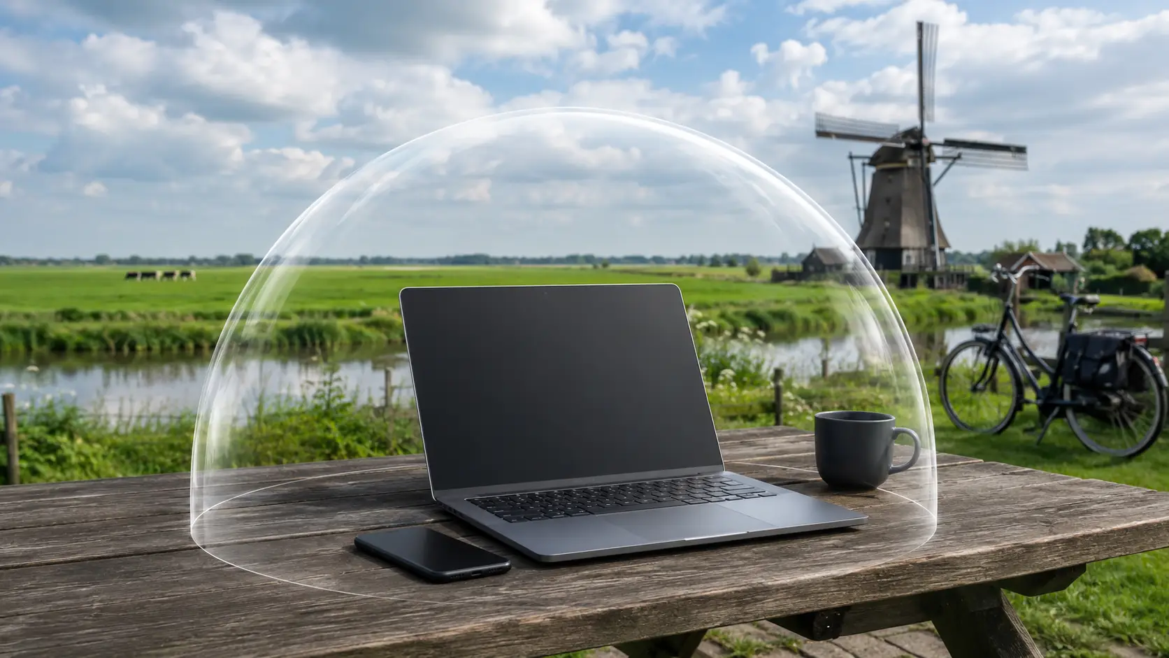 Laptop en smartphone beschermd door een transparant schild in een Nederlands landschap met windmolen en fietsen.