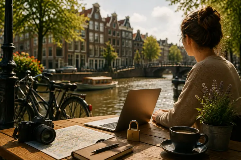Reiziger werkt op een laptop aan een Nederlands kanaal met camera, kaart en slot als symbool voor online privacy.