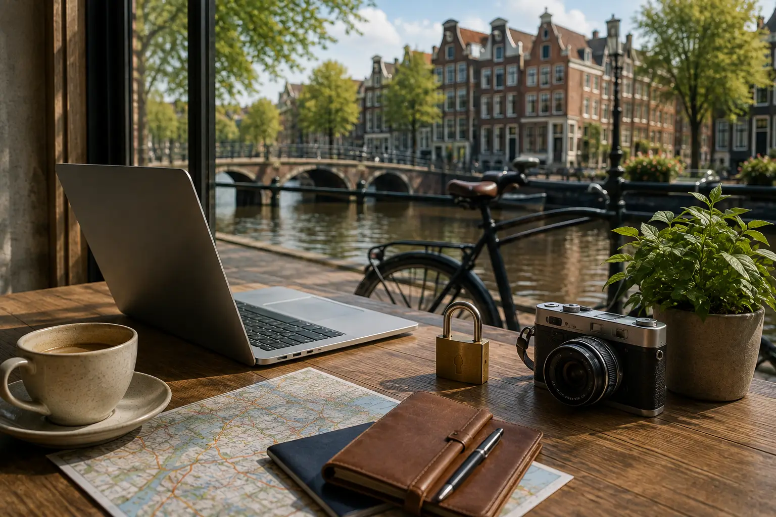 Laptop, kaart, camera en slot op een tafel aan een Amsterdams kanaal als symbool voor privacy tijdens reisplanning.