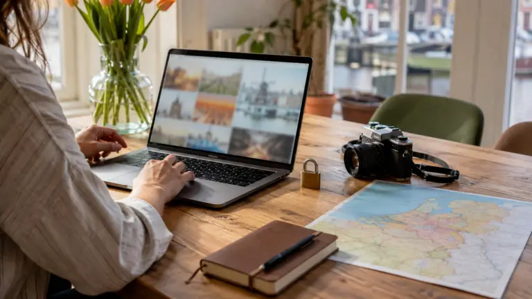 Reisplanning voor Nederland met laptop, kaart, camera en slot als symbool voor gegevensbescherming.