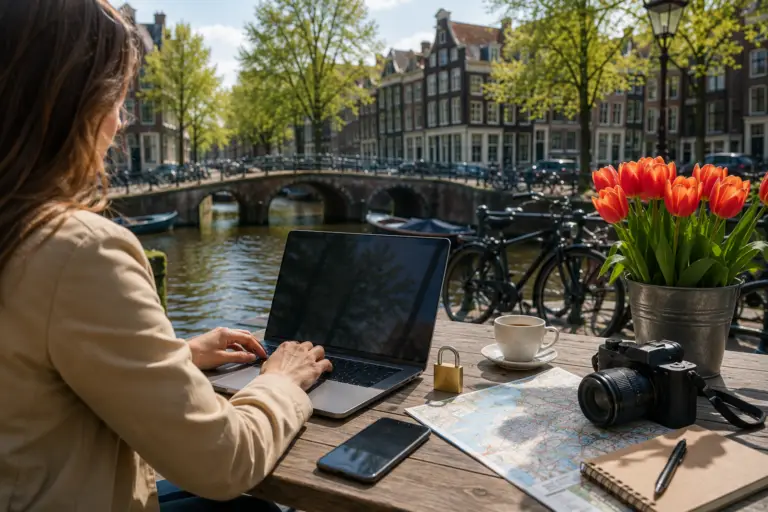Reiziger plant een vakantie met laptop aan een Amsterdams kanaal, met tulpen, camera en slot als symbool voor gegevensbescherming.