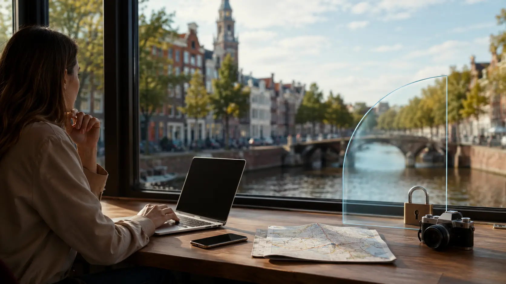 Reiziger werkt op een laptop bij een Nederlands kanaal met een slot als symbool voor privacy.