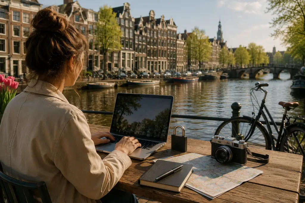 Reiziger werkt met een laptop bij een Nederlands kanaal met kaart, camera en slot als symbool voor privacy en veilig online gebruik.